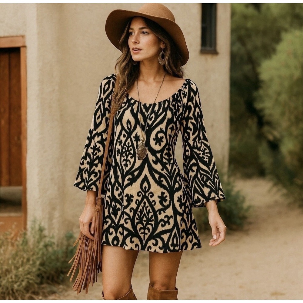 Cezanne Womens M Dress Black Tan Ikat Print Bell Sleeve Boho Chic Festival Retro